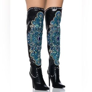 Azalea Wang Axelle Black Blue Embellished Boots - Size US 7